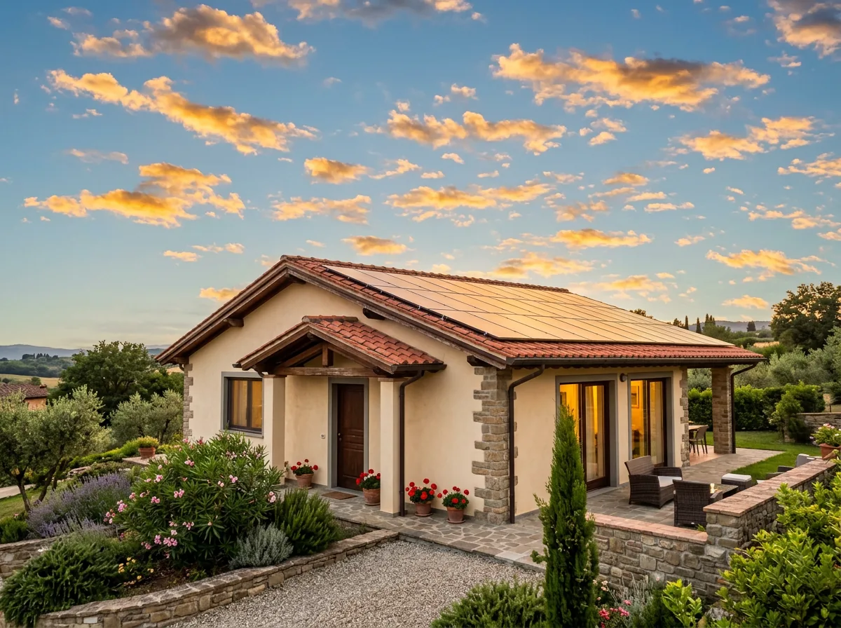 Impianto fotovoltaico installato su villa residenziale al tramonto