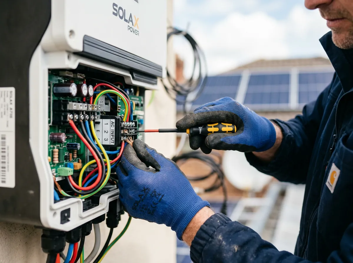Tecnico che sostituisce l'inverter di un impianto fotovoltaico esistente